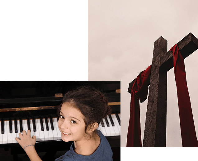 A girl is playing the piano and a cross