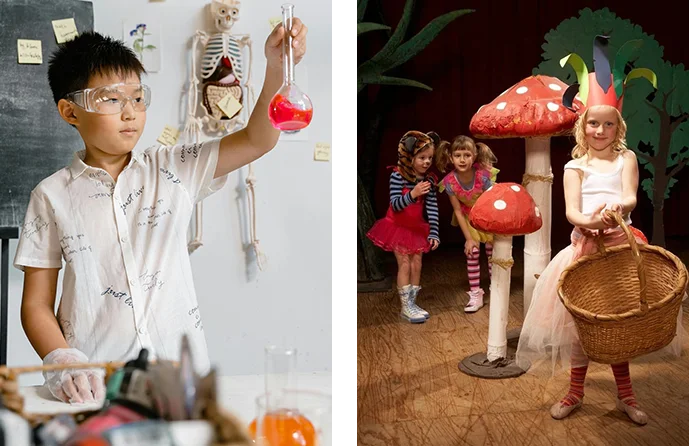 A young boy holding up an ornament and two children in costumes.