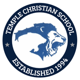 A blue and white logo of temple christian school.