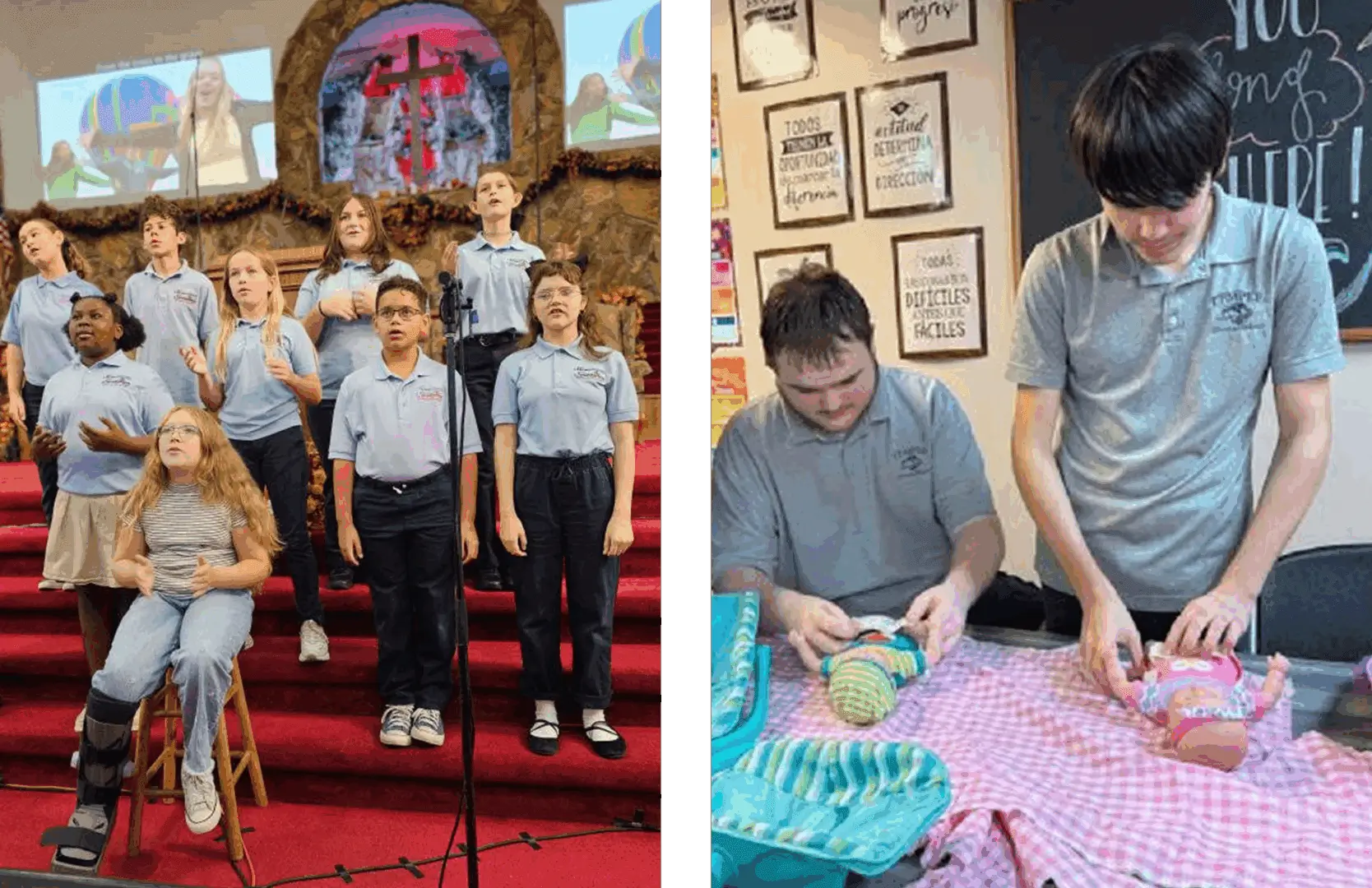Uniformed students singing and practicing childcare